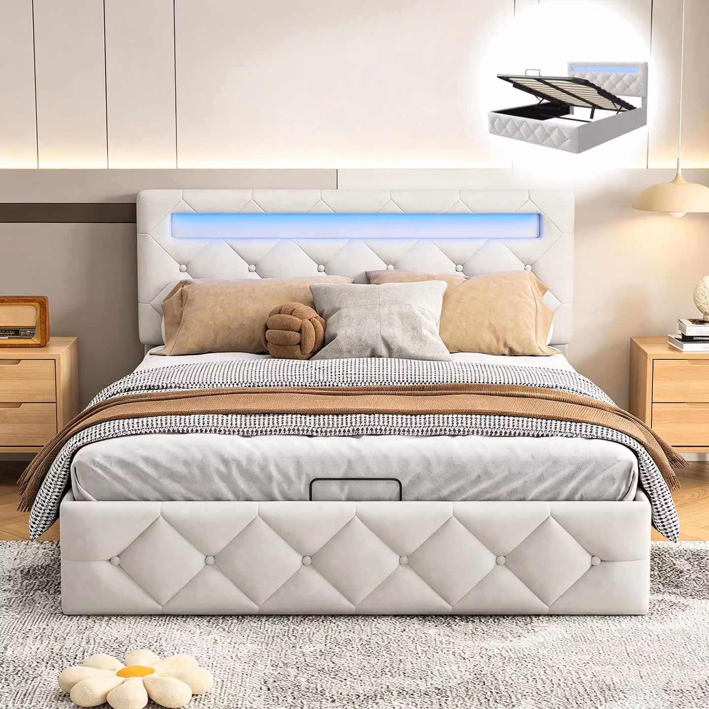 Letto contenitore con boxspring, 140x200 cm, con illuminazione a LED, imbottito, con sistema di sollevamento idraulico, adatto per ragazzi, con rete a doghe e contenitore, rivestito in velluto, color beige.