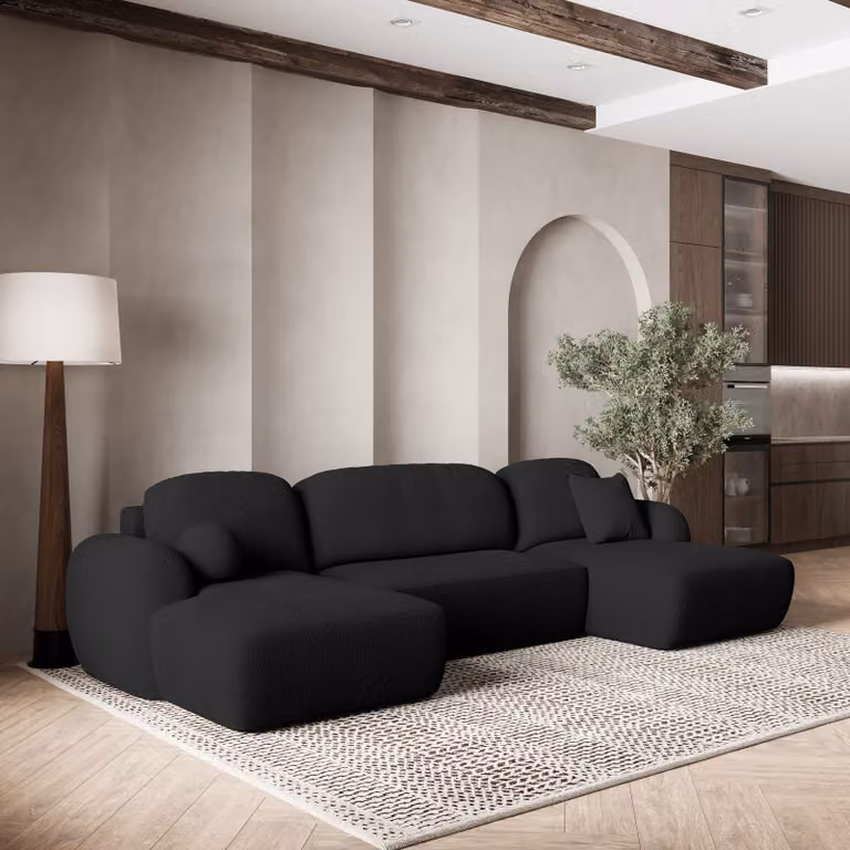 Divano angolare SAVONA N di Masseno con funzione letto a U, divano con box letto, divano da salotto, divano, divano letto, set di divani - nero, ORA O MAI PIÙ 100
