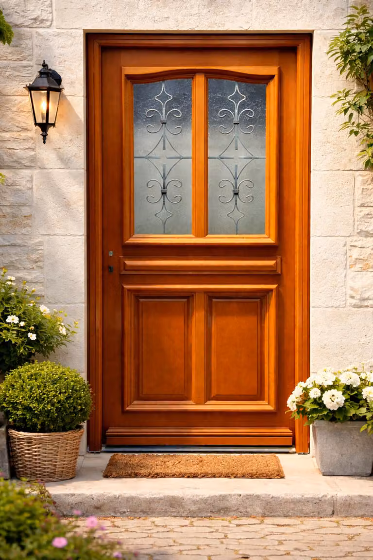Porta d'ingresso in legno con vetro Vauban, H.215xL.90 cm, lato pannello dritto, maniglia, cilindro grande, ferramenta di alta qualitÃ