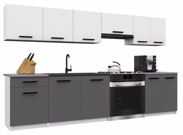 Belini - Angolo cottura moderno ITALIA 2 - Mobili da cucina 240 cm bianco-grigio - Cucina componibile con pensili, mobili base e piani di lavoro