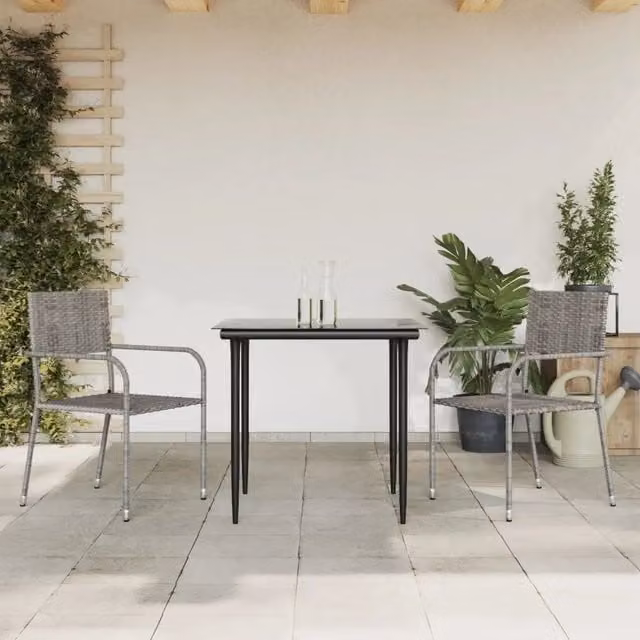 Set da pranzo da giardino VIDAXL in polyrattan e metallo con piano in vetro, 3 pezzi, Nero e Grigio – 1