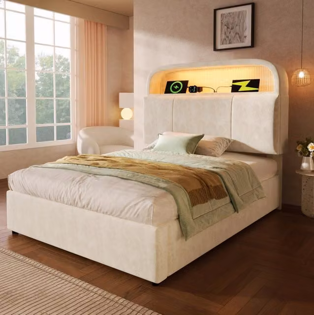 Letto imbottito 90x200 cm con testiera contenitore; LED; USB/Type-C; velluto beige