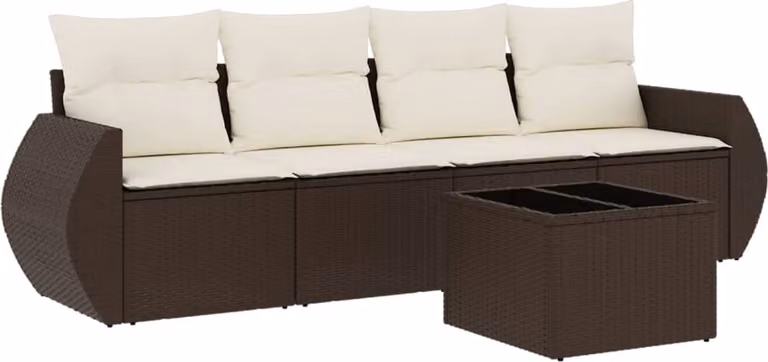 Set Divano da Giardino 5 pz con Cuscini Marrone in Polyrattan