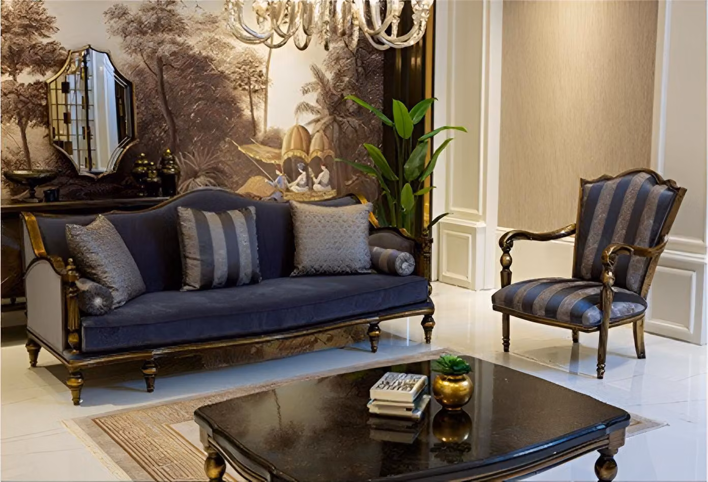 Elegantes Sofa mit Sessel und stilvollem Couchtisch im luxuriösen Design