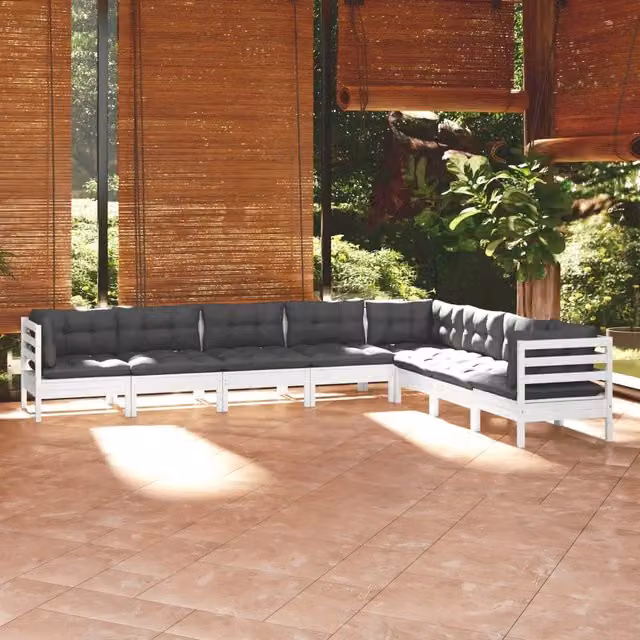 Set Divani da Giardino 8 pz con Cuscini Bianchi Legno di Pino 3096804