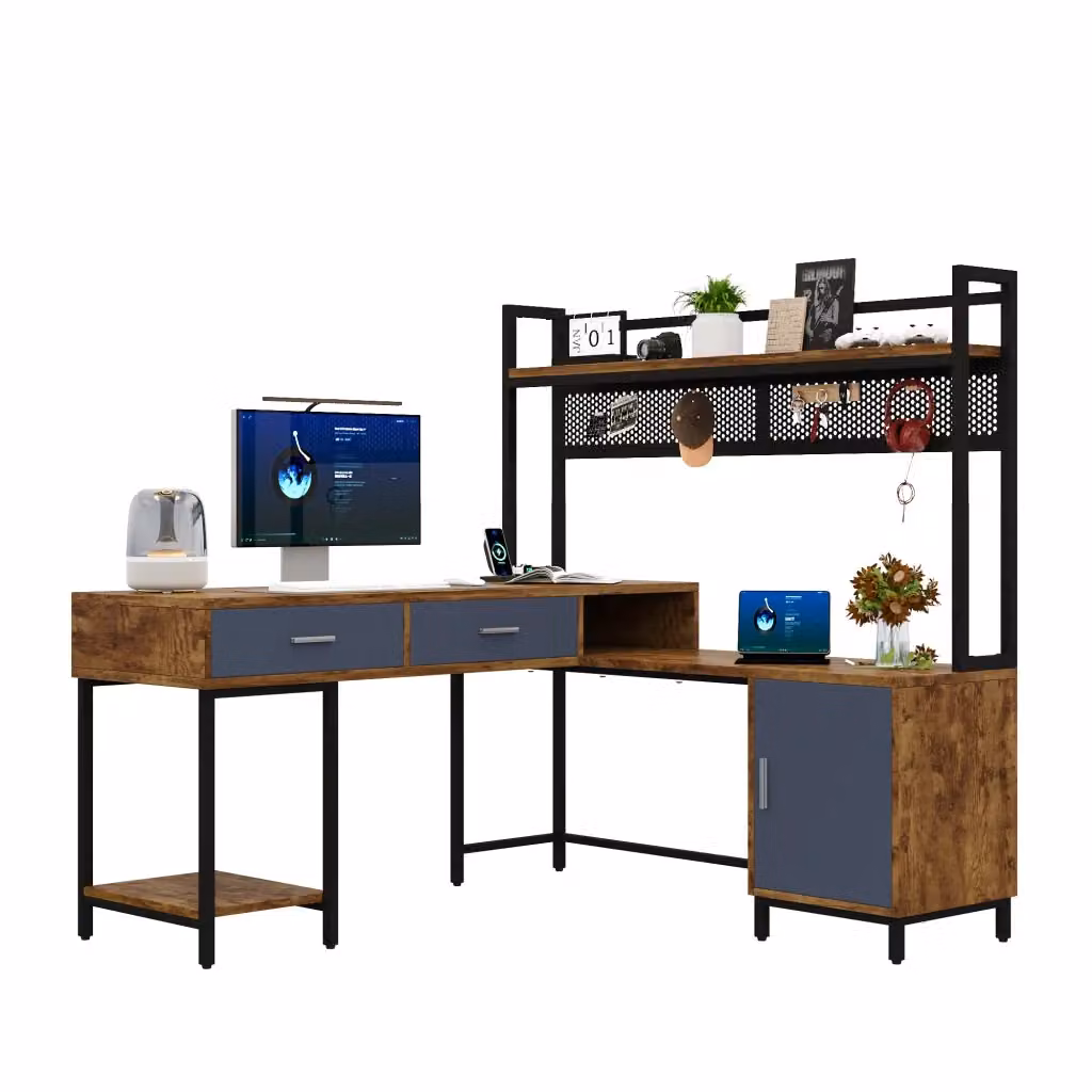Scrivania angolare industriale Minimal in metallo e legno nero e marrone con cassetti L/P/H: 140 x 140 x 135 cm – 2