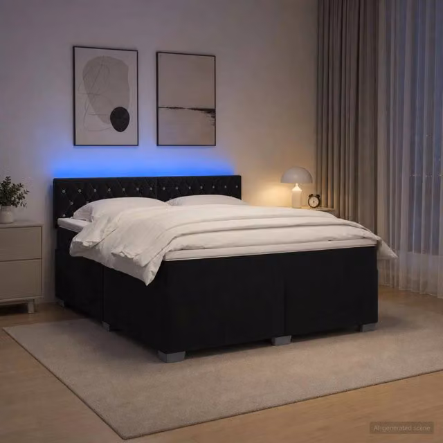 Letto con Box Spring, Materasso e Illuminazione LED vidaXL in Velluto Nero L/P: 160 x 200 cm – 1