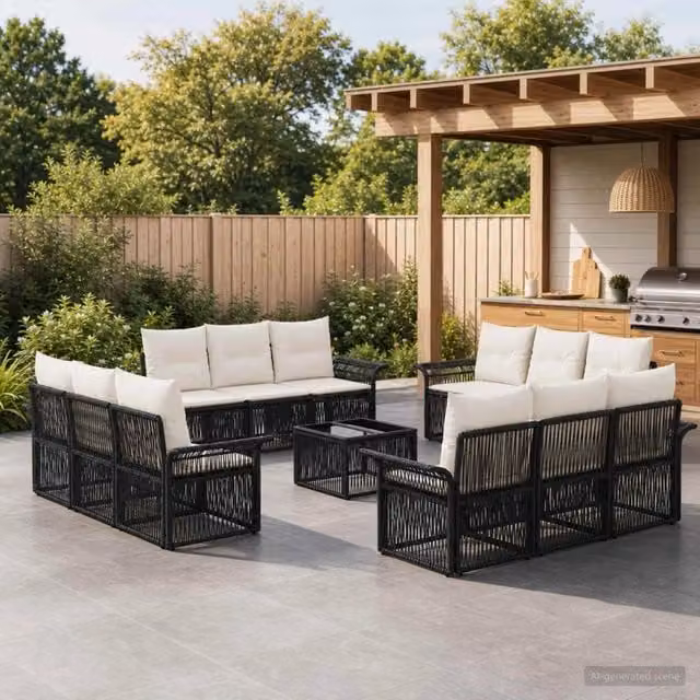 Set Divano da Giardino a Forma a U vidaXL Nero con Tavolino e Cuscini in Polyrattan e Metallo