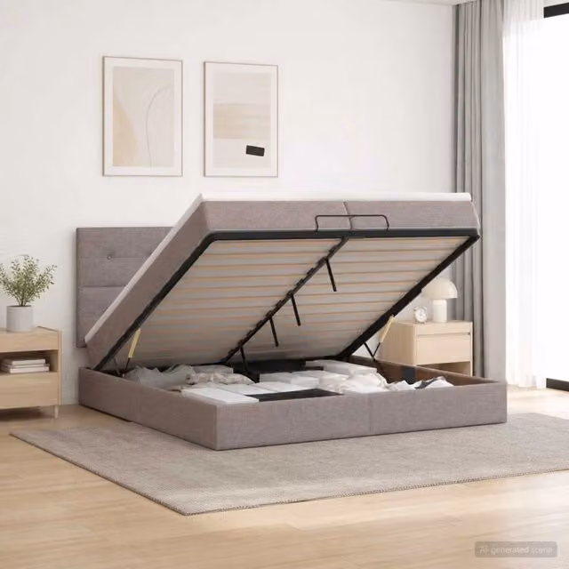 Letto ottomano con contenitore a sollevamento vidaXL in tessuto beige e struttura in legno e metallo L/P/H: 200 x 200 x 140 cm – 1