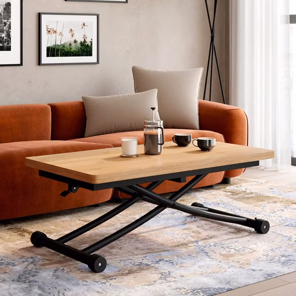 IDMarket Tavolino 2 in 1 URBANA trasformabile in tavolo da pranzo rettangolare con meccanismo a sollevamento e ruote, design industriale, marrone e nero – 2