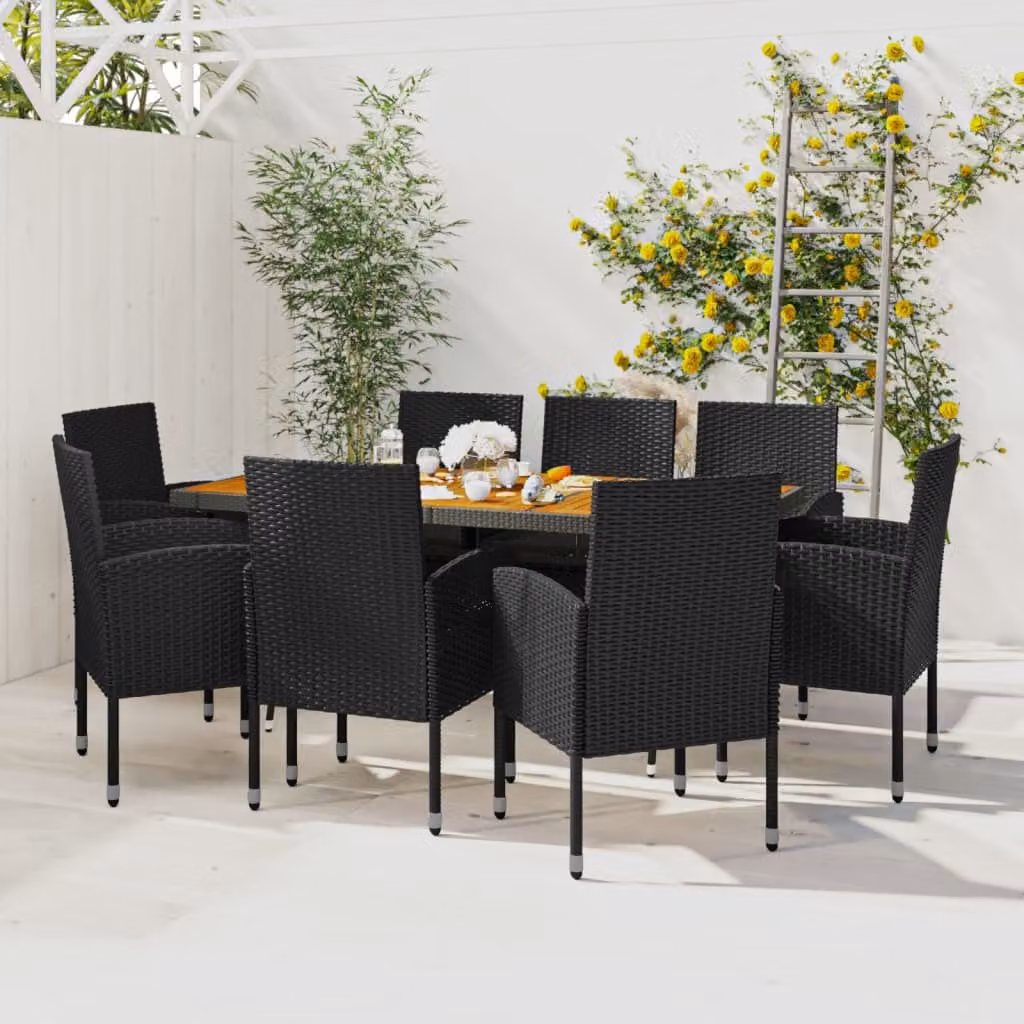 The Living Store Set da pranzo da giardino 9 pezzi in poly rattan nero