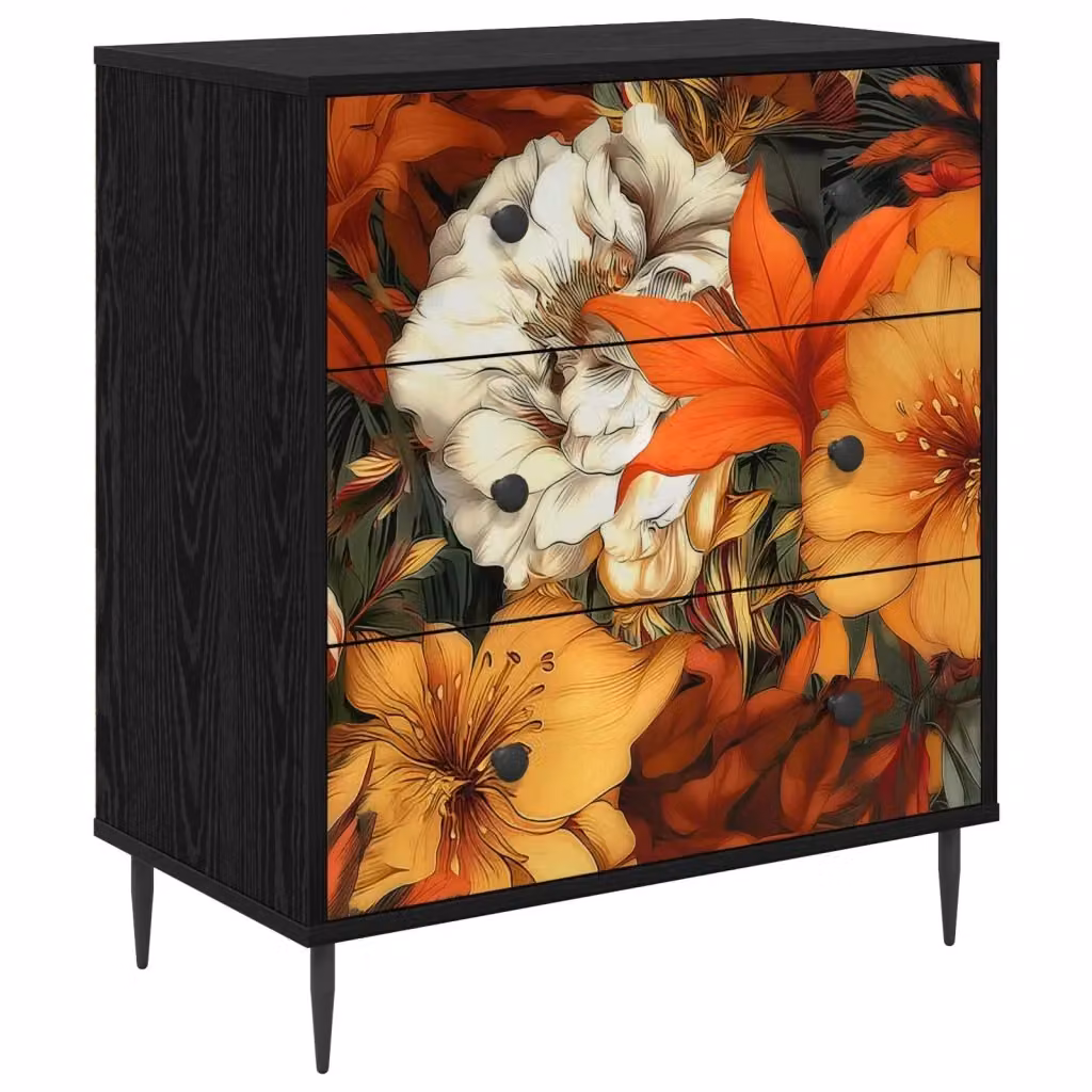 Cassettiera GENNEP vidaXL con stampa floreale, Rovere e Nero, L: 66 cm, P: 36,5 cm, H: 76 cm – 2