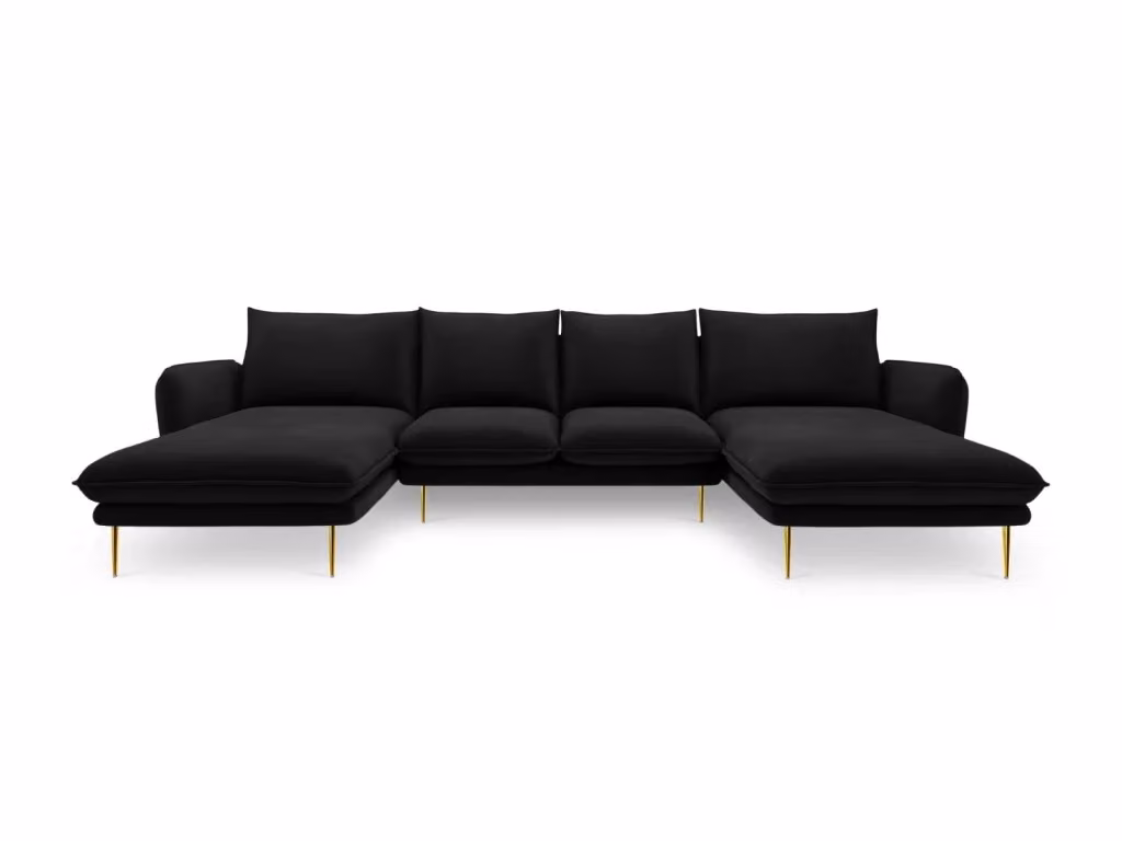 Divano panoramico Vienna Cosmopolitan Design a 6 posti in velluto nero con dettagli oro, forma a U, L 350 x P 170 x H 95 cm – 2