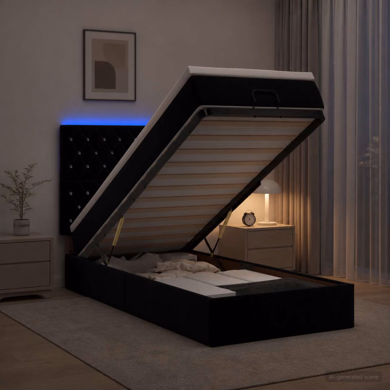 Letto Ottomano vidaXL con Materasso Ibrido e Illuminazione LED in Velluto Nero L: 190 cm, P: 90 cm, H: 88 cm