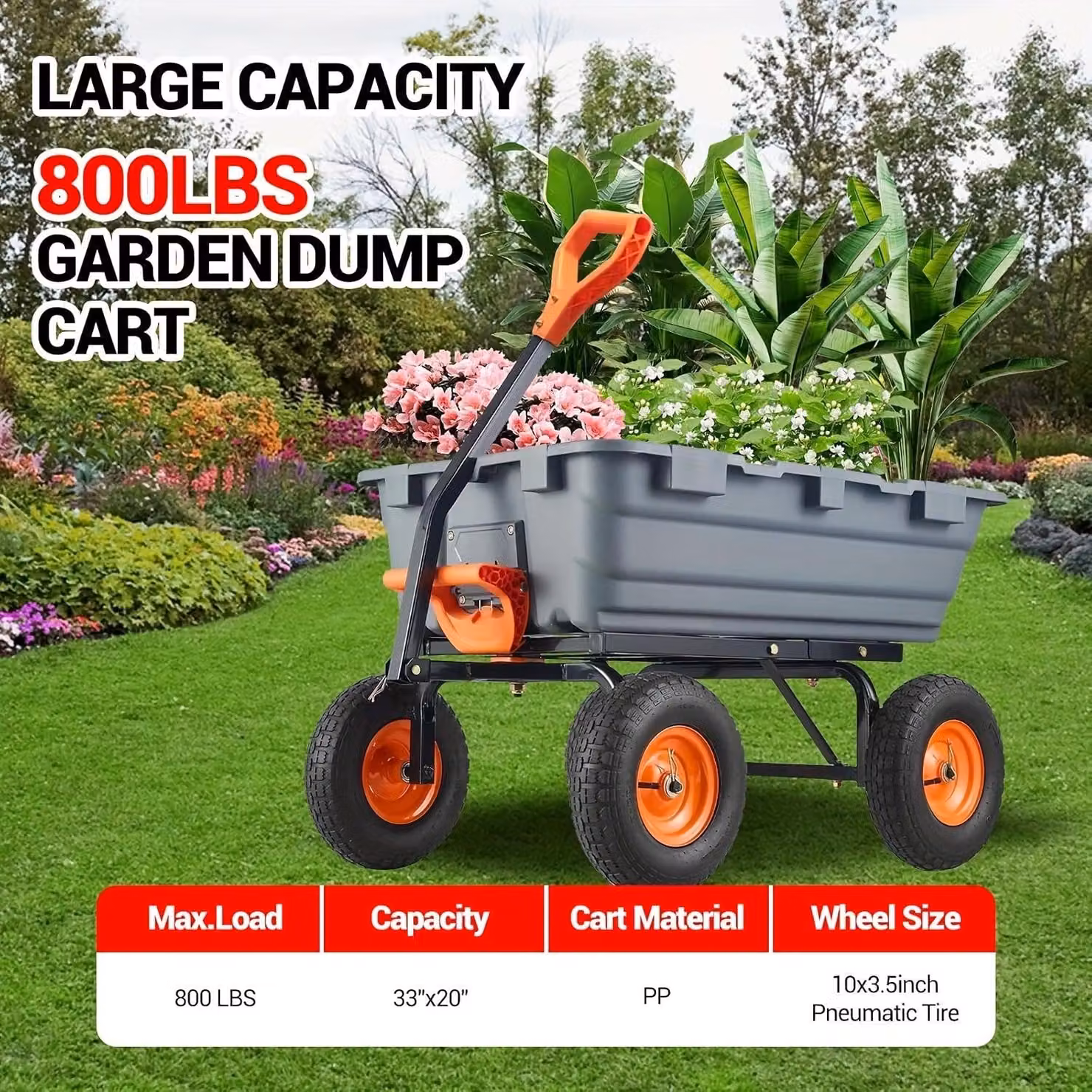 Carrello da giardino con funzione ribaltabile – Capacità di carico: 362 kg – Carrello trasportatore a 4 ruote – Struttura in acciaio