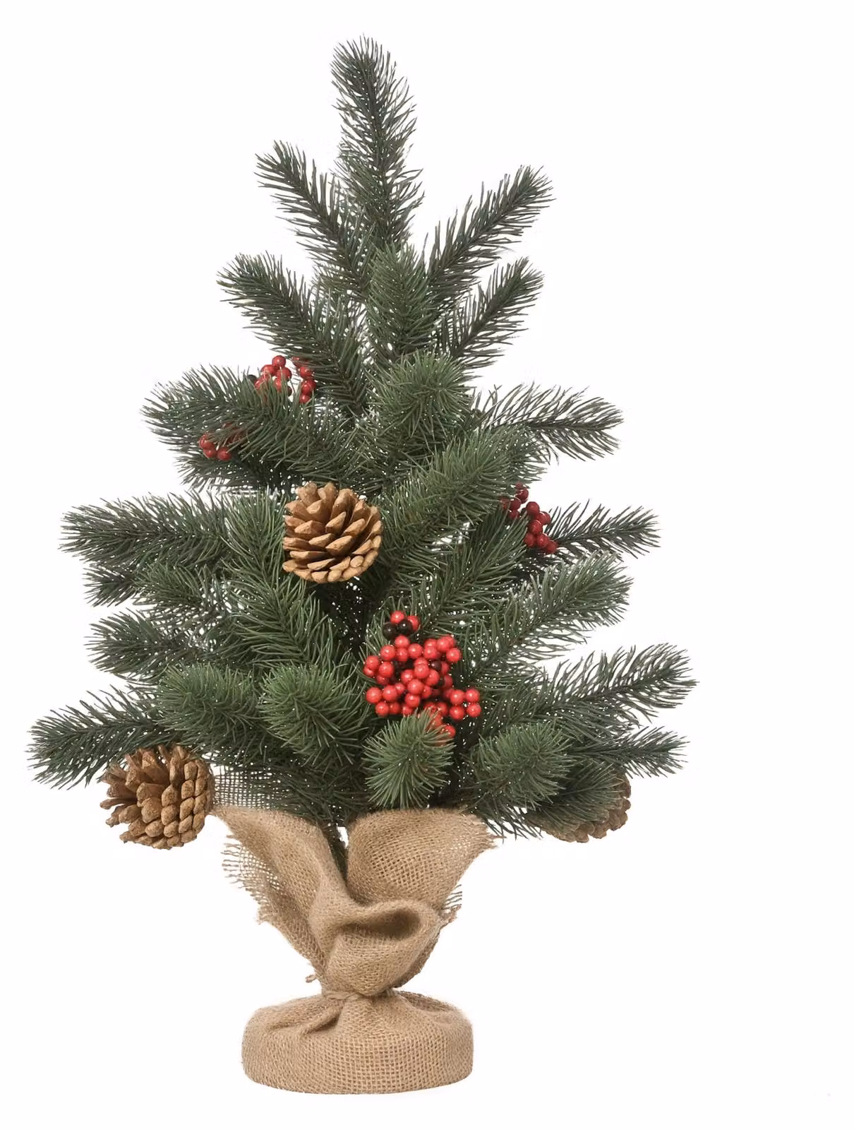 Albero di Natale artificiale - Mini albero da tavolo - 50 cm - 4 bacche rosse - 4 pigne - 55 rami - Base in cemento - Rivestimento in lino