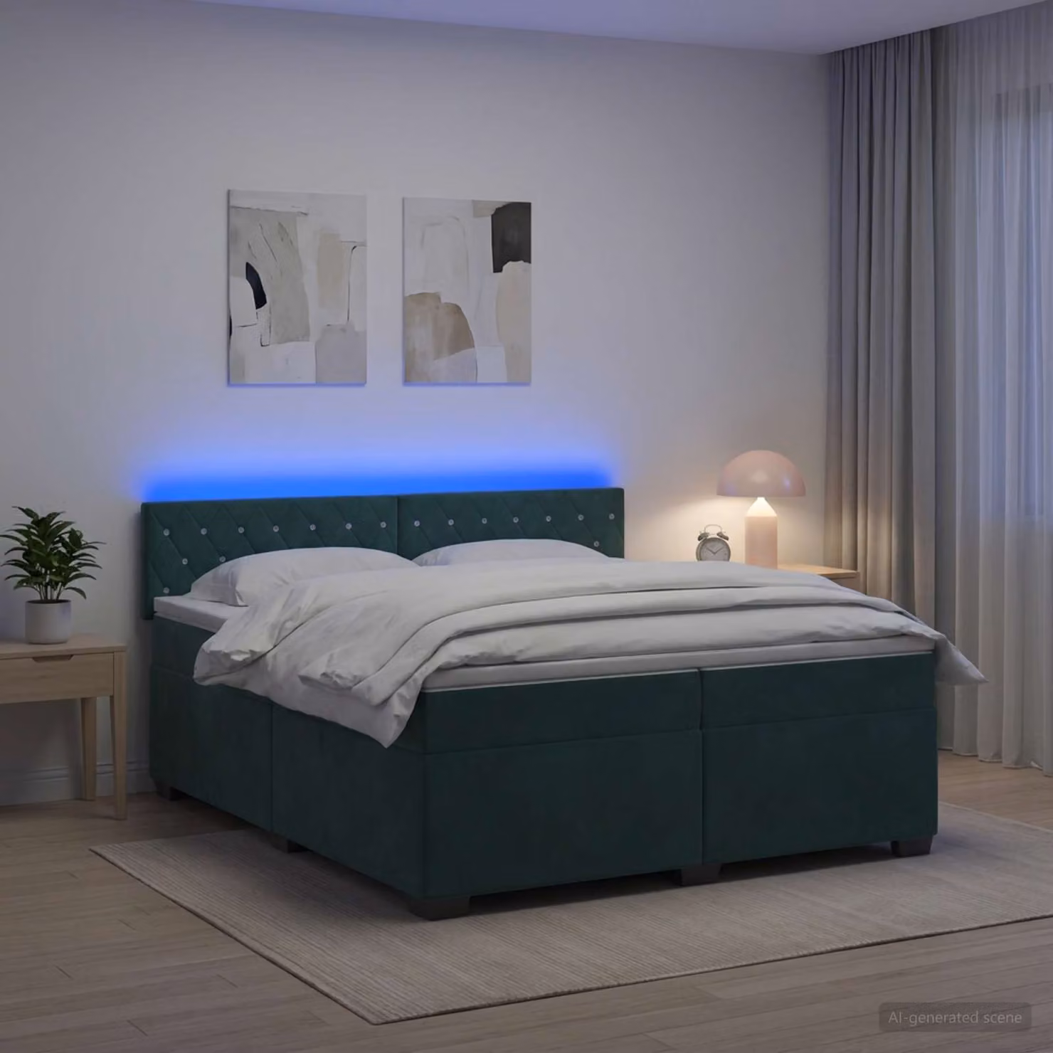 vidaXL Letto con Box Spring, Materasso e Illuminazione LED Verde Scuro 200 x 200 cm