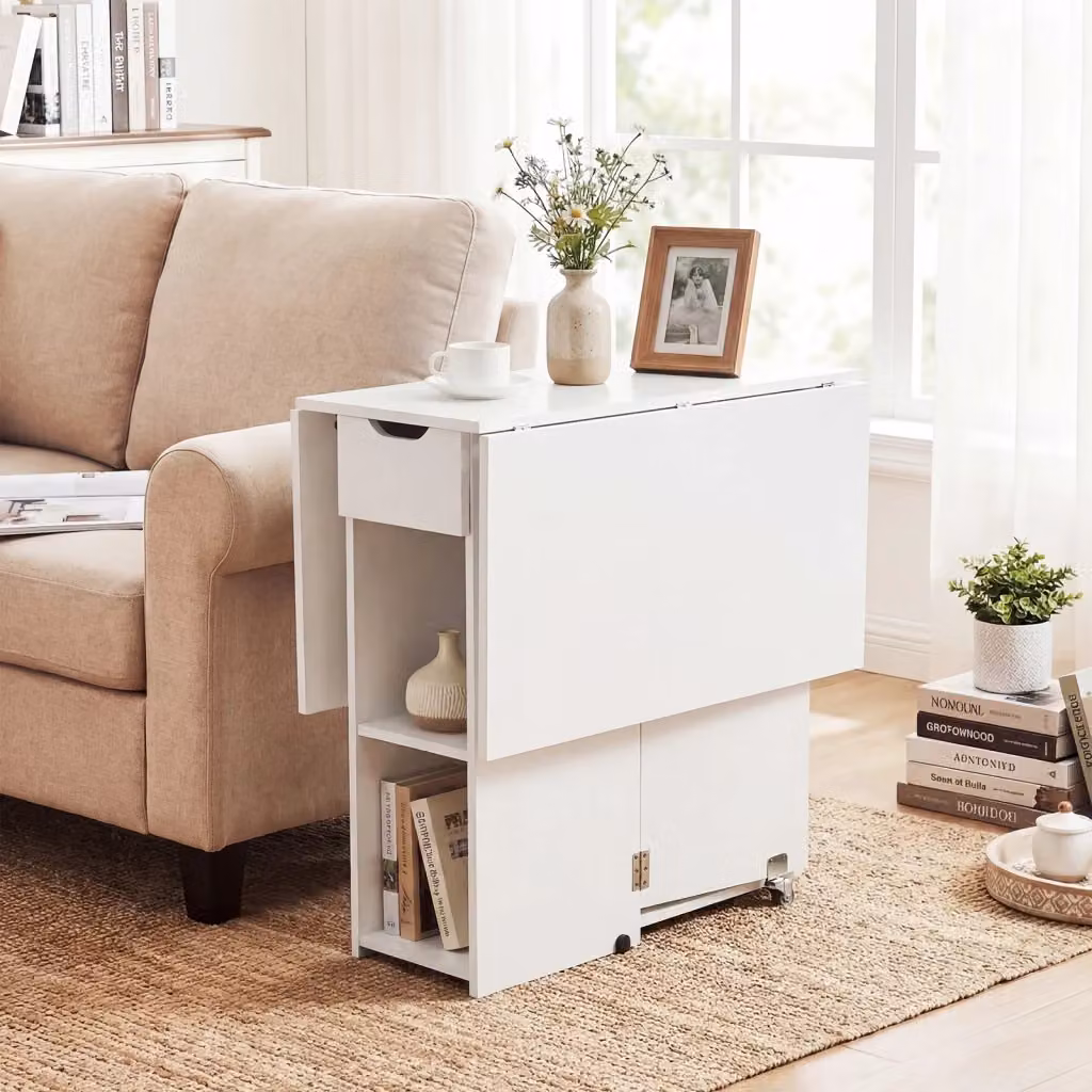 Tavolo da pranzo pieghevole Design In con ripiani e cassetti, bianco, con ruote per piccoli spazi – 2