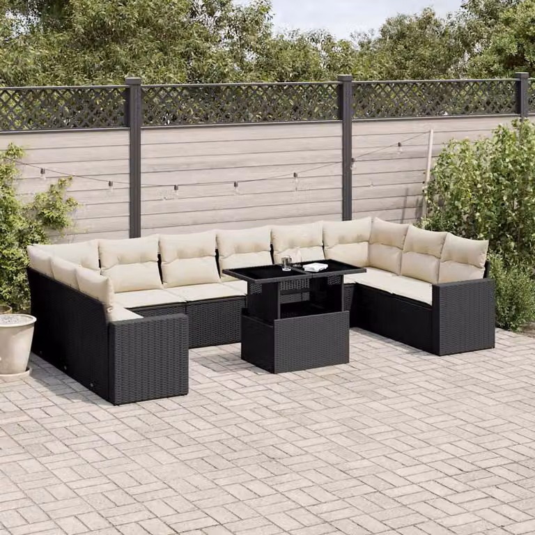 Set di Divani da Giardino vidaXL 11 pz con Cuscini, Forma a L e Tavolino, Colore Nero e Bianco