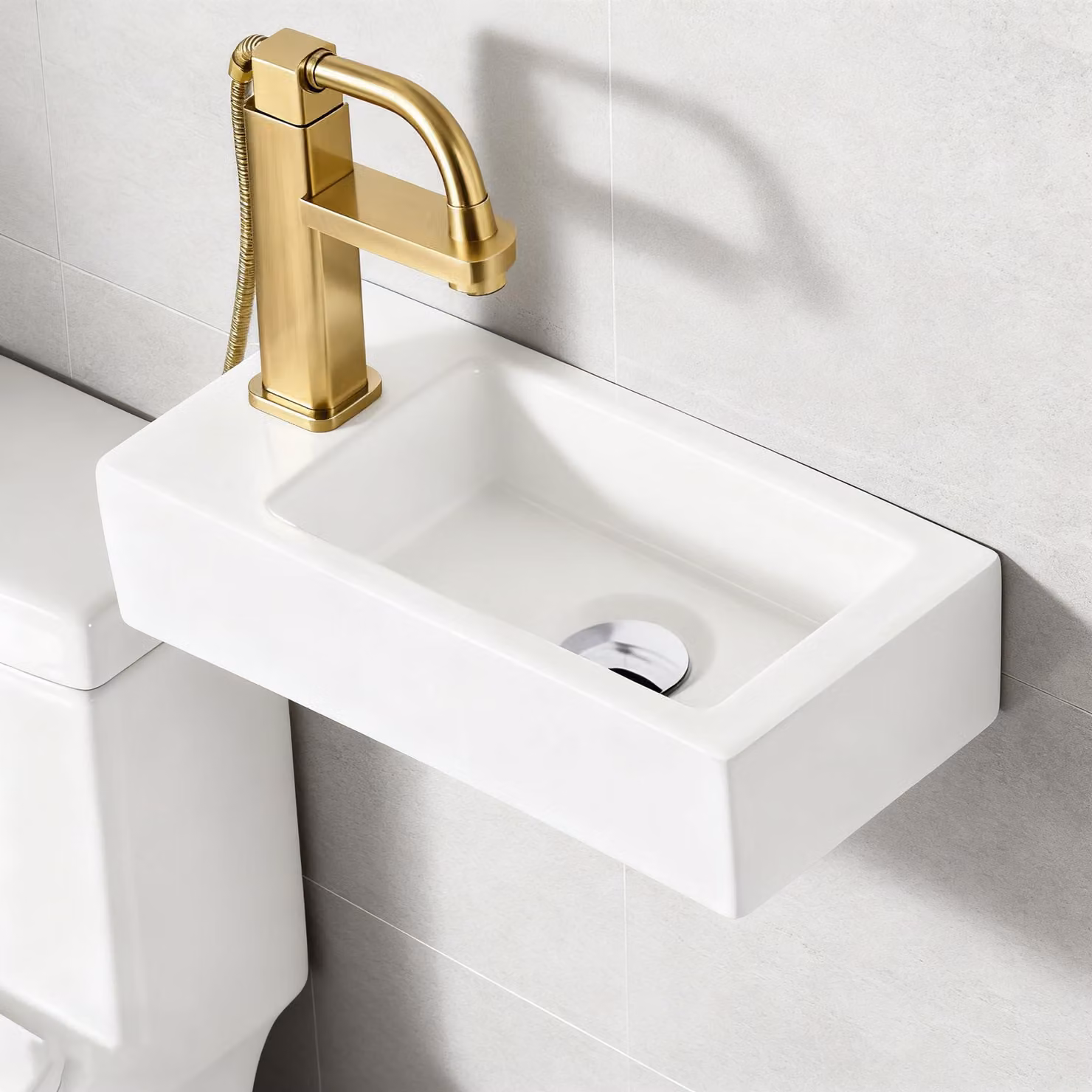 Lavabo da parete in Vetroceramica, 36x18 cm, bianco, per installazione a sinistra, forma rettangolare