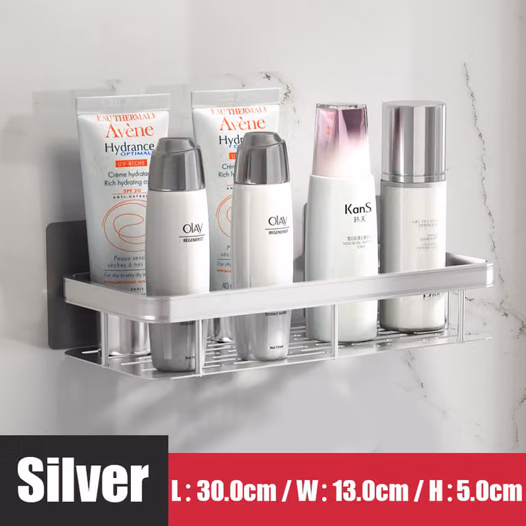 Mensola da bagno in lega di alluminio, mensola per doccia, accessori da bagno, organizer per trucchi, mensola da parete senza forature, argento
