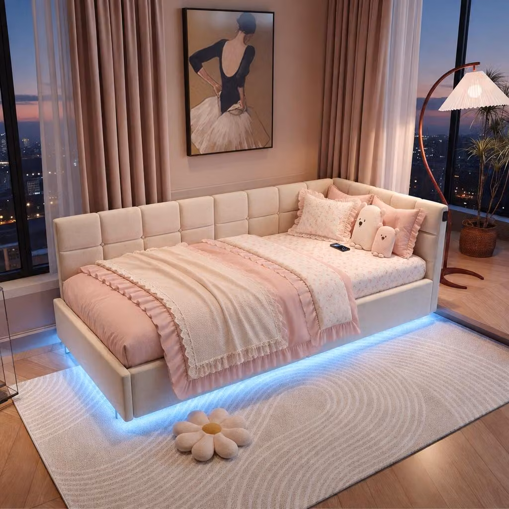 Letto imbottito INONEFT, divano letto 90x200 cm con LED e USB, letto per ragazzi con cassettone a sollevamento idraulico, letto singolo, rivestito in tessuto morbido, senza materasso, color beige