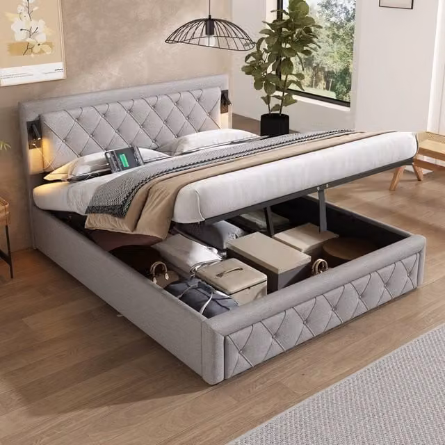 Letto matrimoniale imbottito con vano contenitore in lino grigio con rete a doghe luci downlight e porte USB