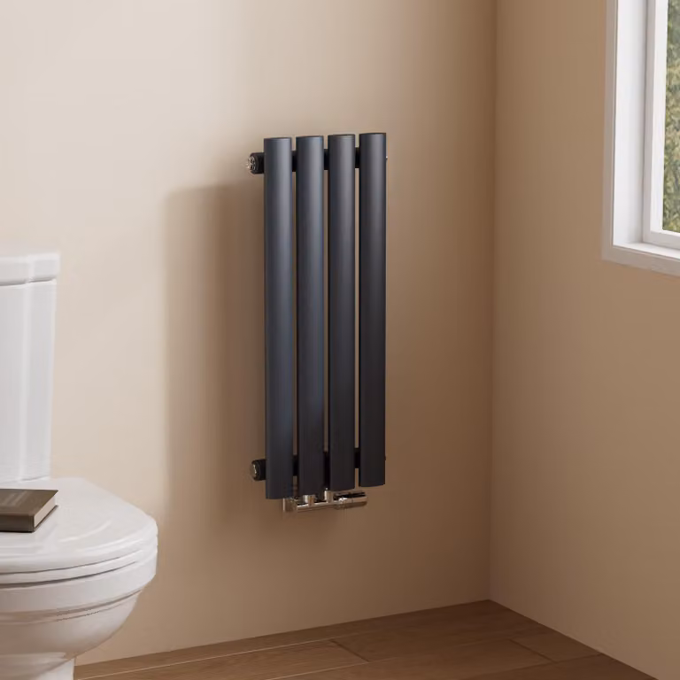 Radiatore tubolare di design EMKE per il funzionamento ad acqua calda Attacco medio Verticale Ovale monostrato 177 Watt 24cm x 60cm Antracite senza elemento riscaldante