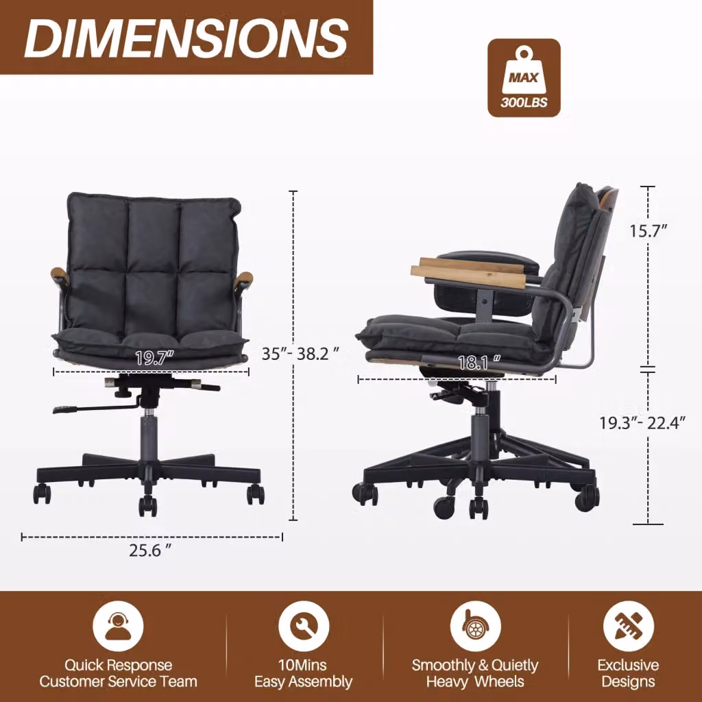Sedia da ufficio ergonomica OKWISH girevole in similpelle nera con altezza regolabile e base in metallo nero opaco – 2