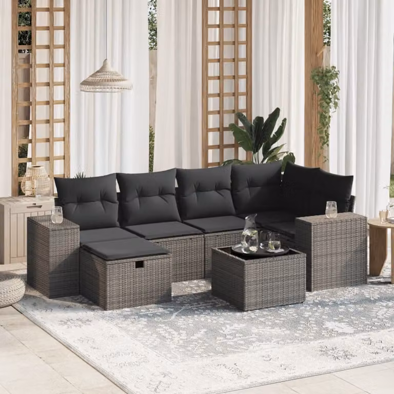 Set Divani da Giardino vidaXL 7pz a Forma di L con Cuscini Grigio Chiaro e Tavolino in Polyrattan e Metallo