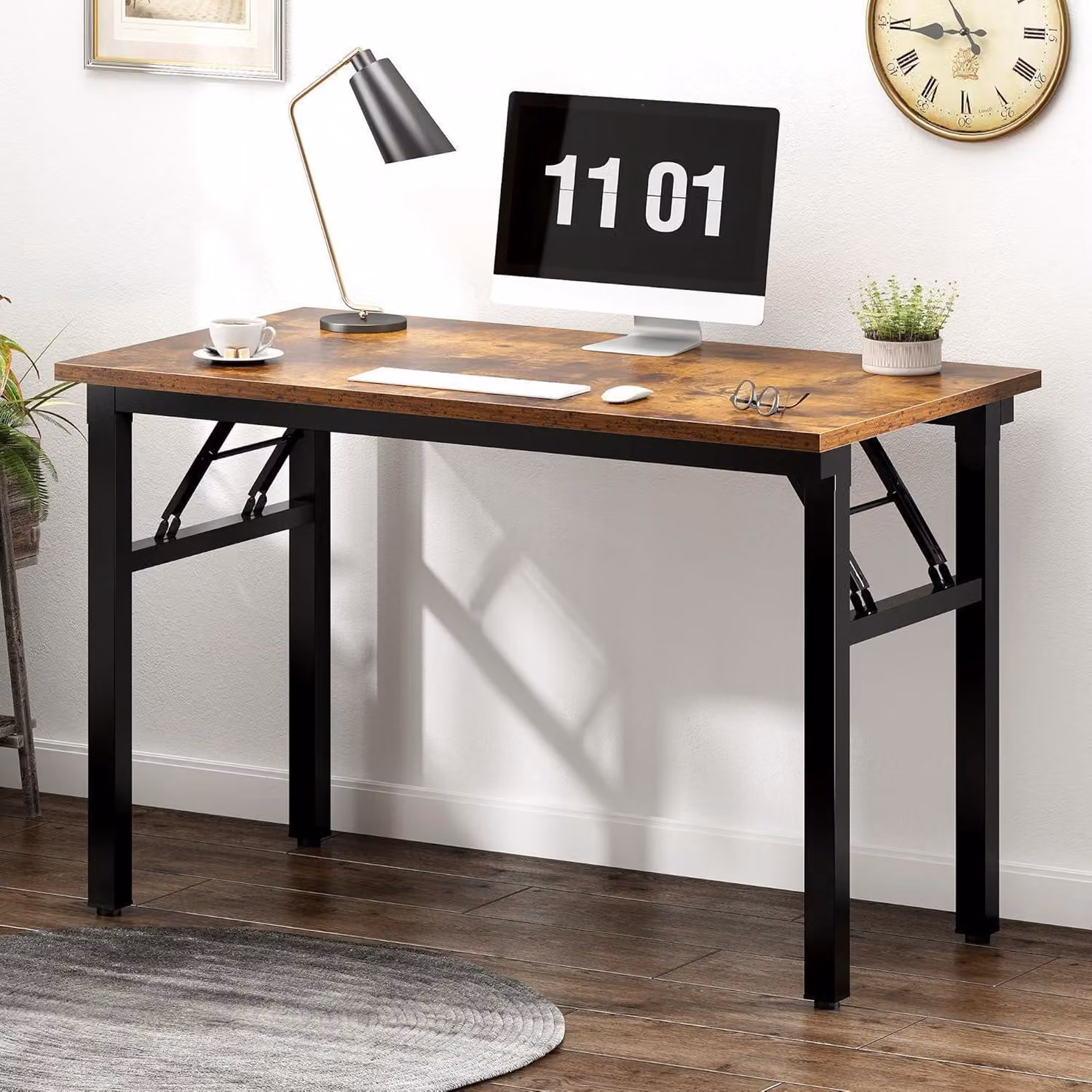 Scrivania pieghevole, scrivania per computer, legno, stile vintage, colore nero, 80x40 cm