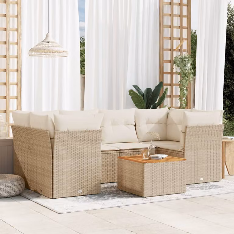 vidaXL Set Divani da Giardino 7 pz a L con Cuscini Beige in Polyrattan e Tavolino da Esterno