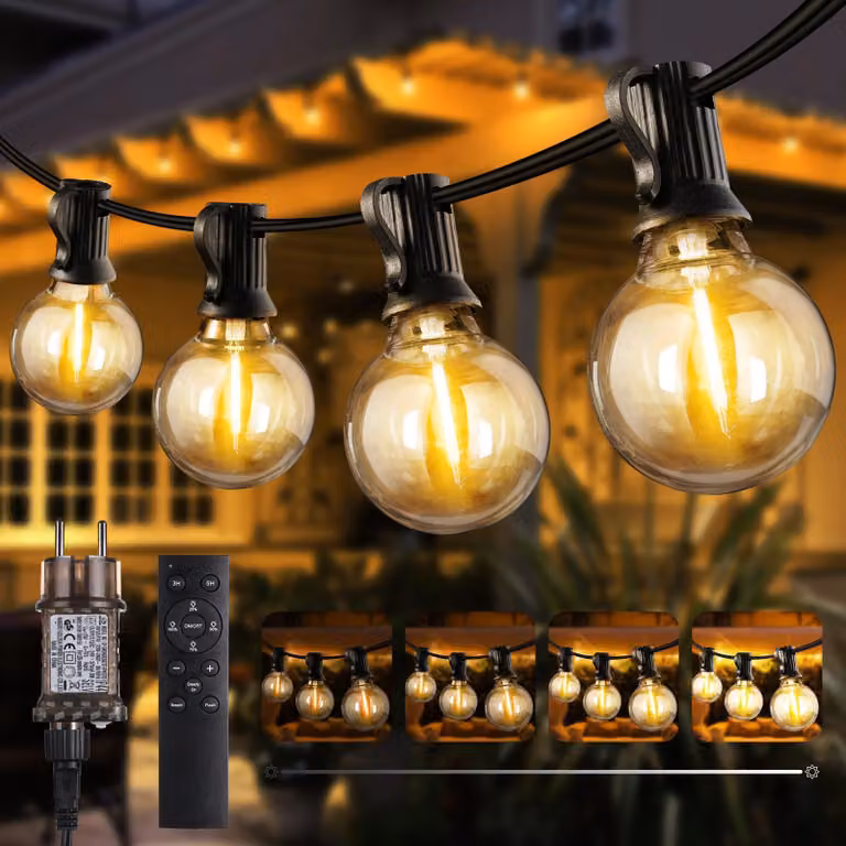 Catena luminosa a LED, 20 metri, 27 lampadine G40, luce bianco caldo, grado di protezione IP65, dimmerabile, con telecomando