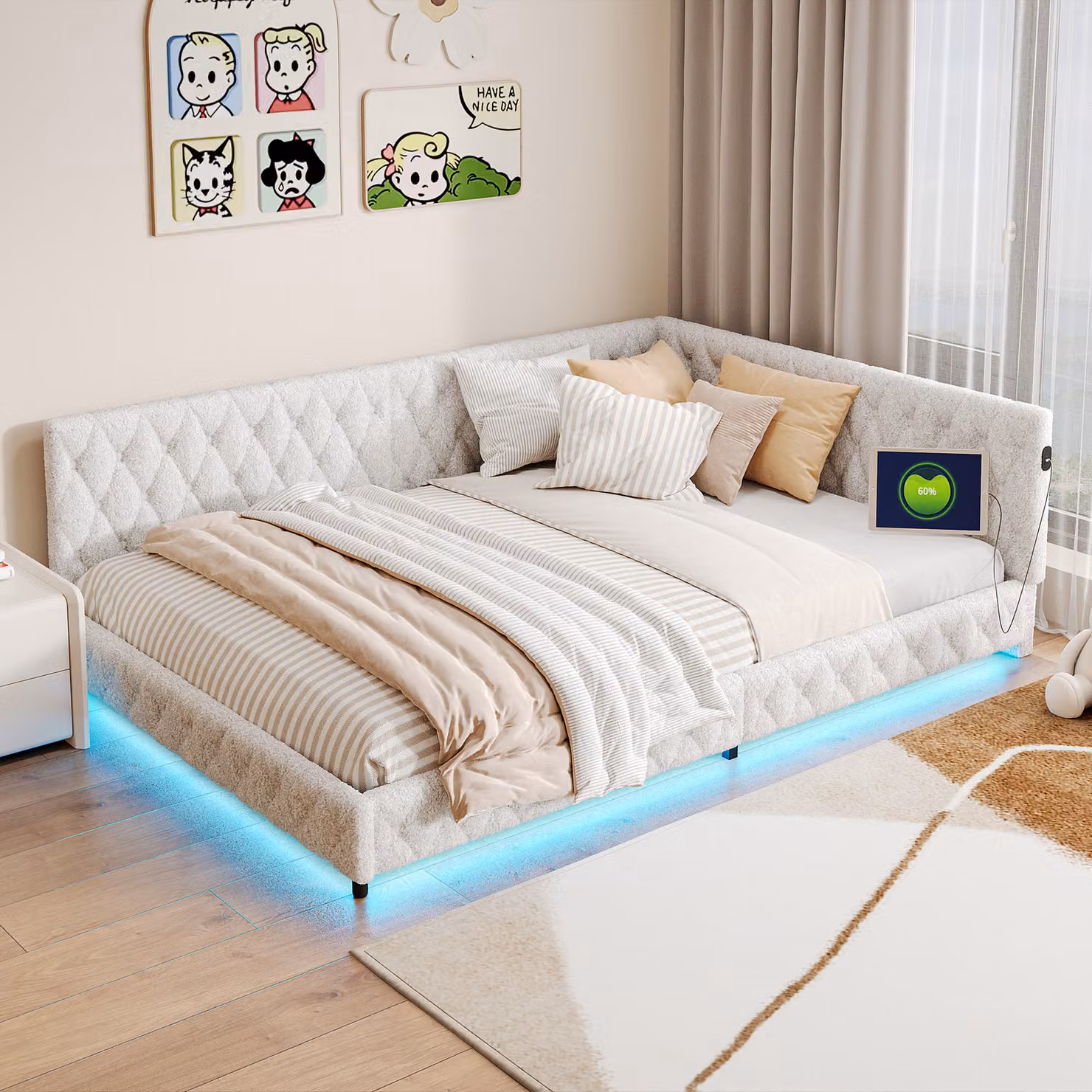 Fortuna Lai letto da giorno imbottito 140x200cm con LED e connessione USB, divano letto con rete a doghe in peluche, letto funzionale letto matrimoniale letto per bambini, bianco