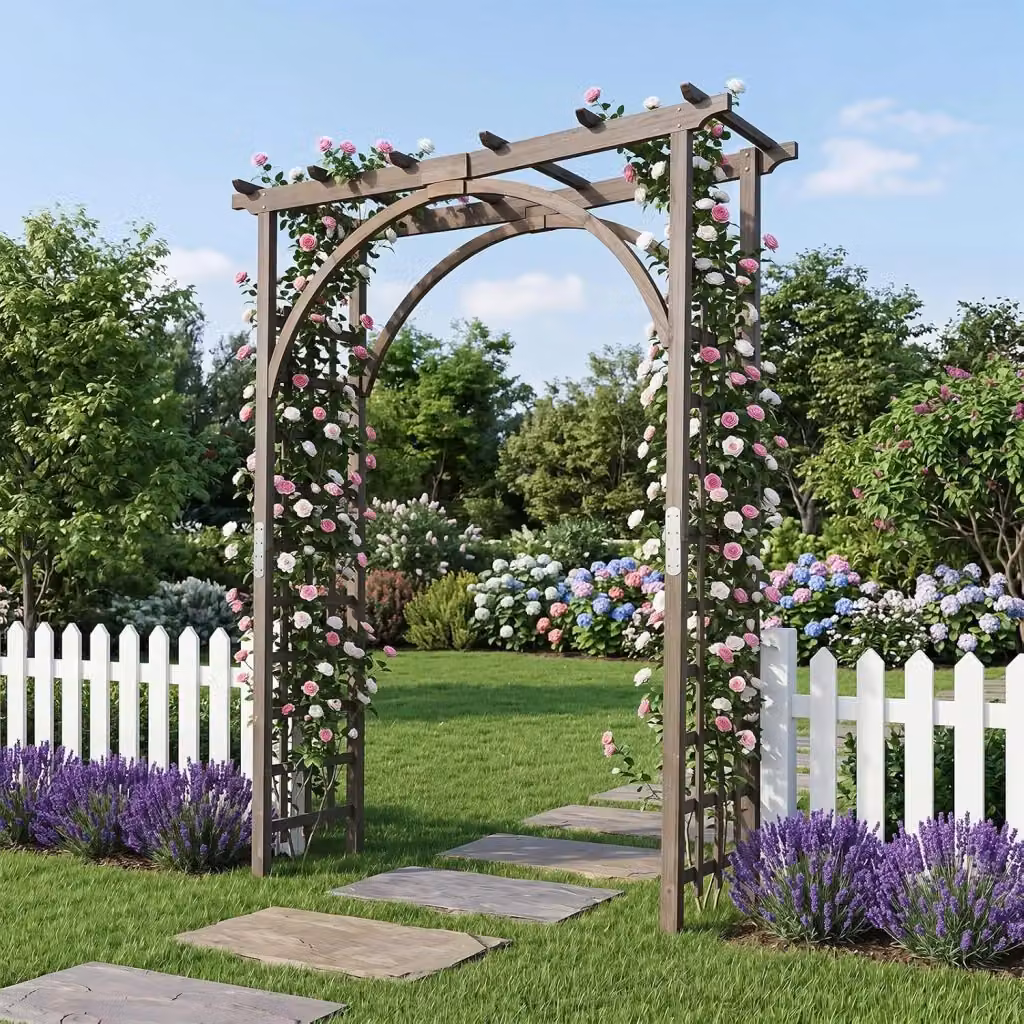 Arco da Giardino Costway in Legno e Metallo Marrone con Tetto Piatto per Rampicanti, L: 160 cm, P: 60 cm, H: 216 cm – 2