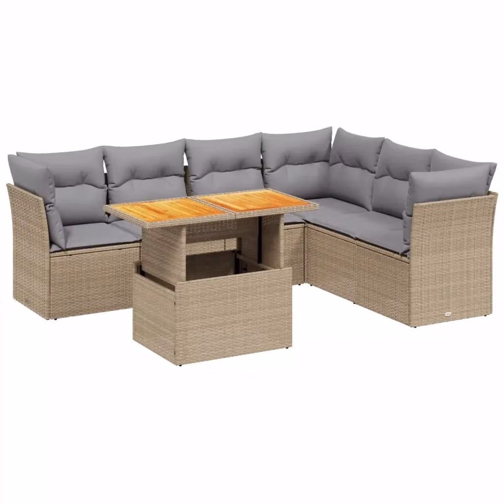 vidaXL Set Divani da Giardino 7 pz in Polyrattan con Cuscini Beige e Tavolino da Caffè – 2
