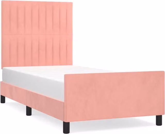 Letto singolo per adulti con testiera in velluto rosa e struttura in legno, L/P/H: 90 x 200 x 128 cm
