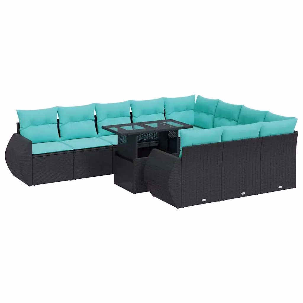 Set di divani da giardino vidaXL in polyrattan nero con cuscini e tavolino da caffè in vetro, composizione a forma di U da 11 pezzi – 2