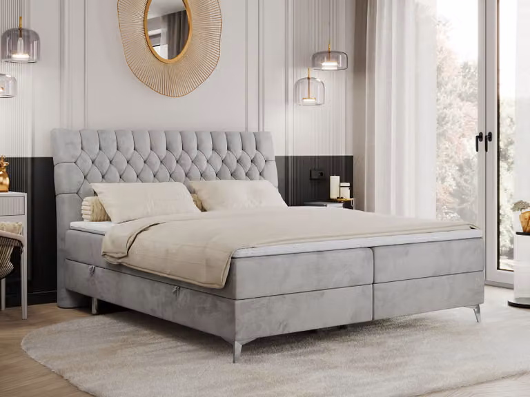 Letto boxspring 180x200 con 2 contenitori, materasso e topper, letto imbottito 180x200, letto 180x200 - MILEN - 180x200 cm - Grigio chiaro - Velvet - H3
