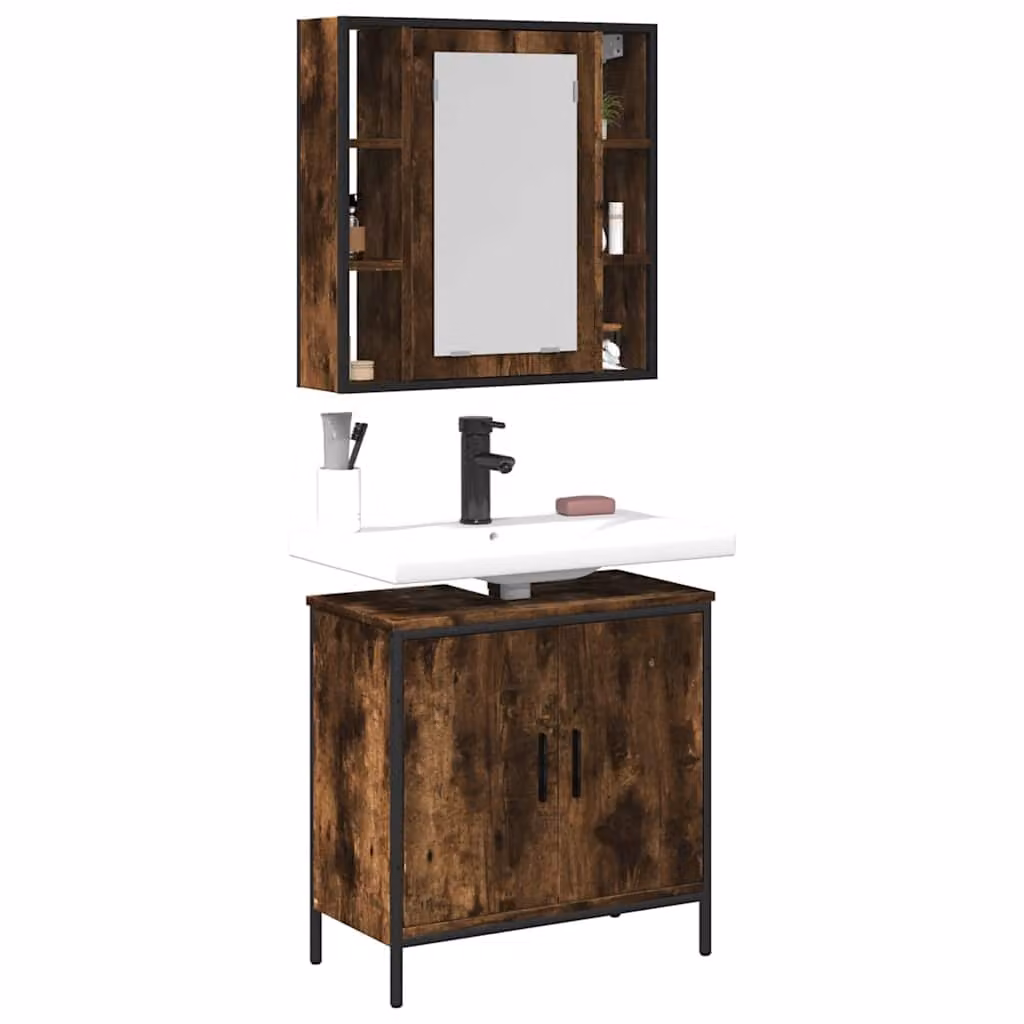 Set di mobili da bagno vidaXL 2 pezzi in legno e metallo colore marrone con mobile sottolavabo e armadietto con specchio – 1