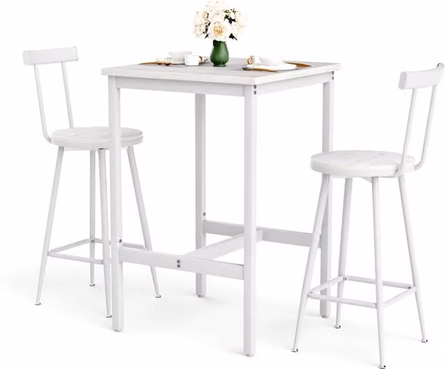 Set Tavolo Bar e 2 Sgaboni Industriali, Metallo, Bianco, 60x60x92 cm, con Poggiapiedi, per Sala da Pranzo e Soggiorno