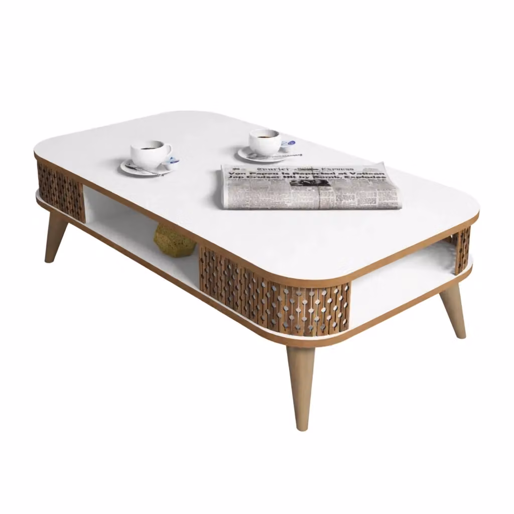 Tavolino da salotto moderno DMORA, rettangolare con angoli arrotondati, Bianco e Marrone, L: 105 cm, P: 60 cm, H: 35 cm – 2