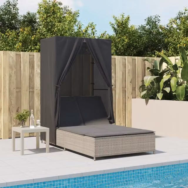 Lettino Prendisole Tetto e Tende Grigio Chiaro in Polyrattan 368104