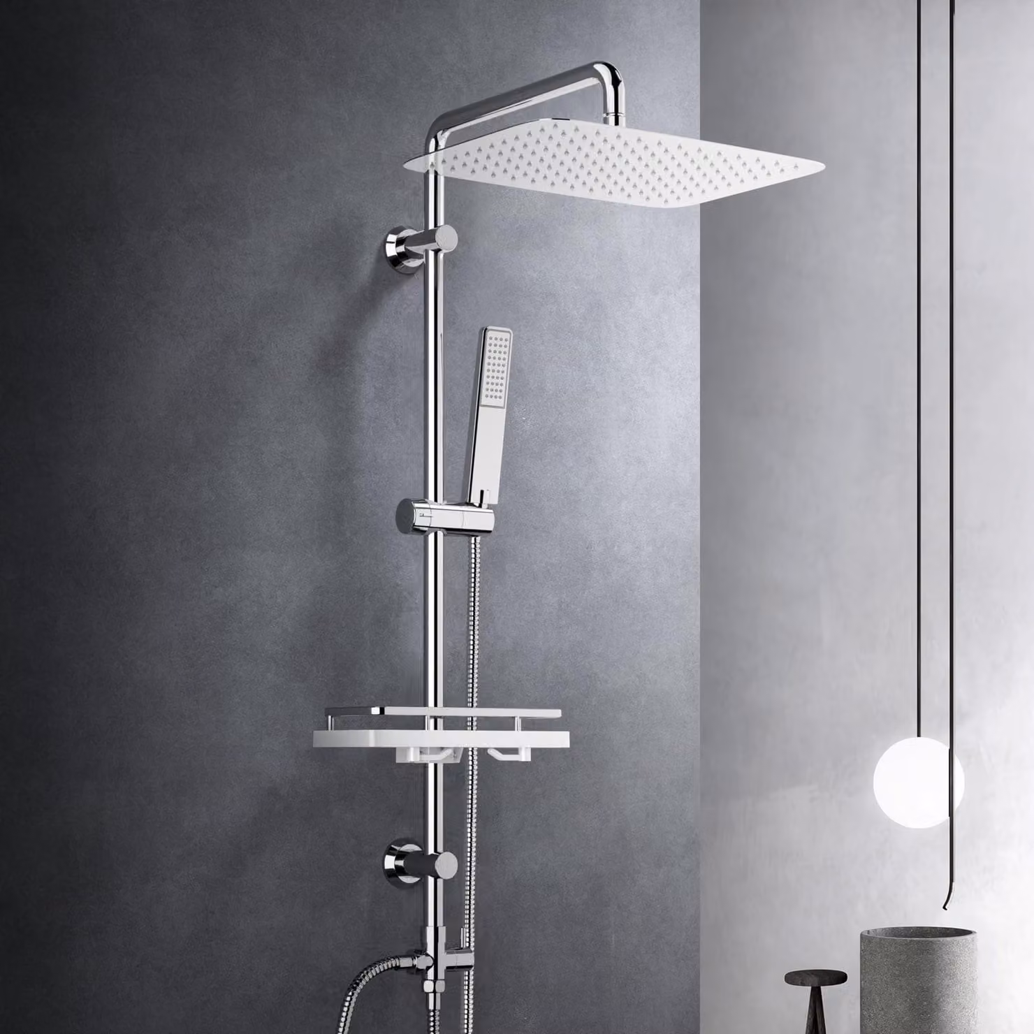 Set doccia a pioggia - Sistema doccia con ripiano - Acciaio inossidabile - 35 x 25 cm - Cromato - Senza miscelatore, tubo flessibile 150 cm