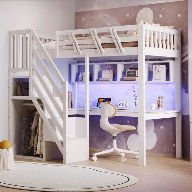 Letto a soppalco - 90 x 200 cm - con scrivania - spazio contenitivo - presa USB - luce a LED - letto per bambini - bianco