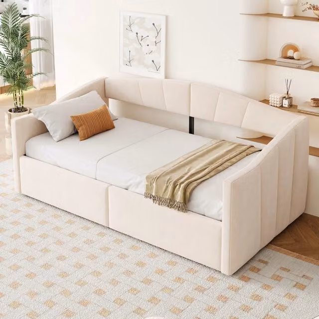 Letto divano singolo OKWISH in velluto beige con contenitore idraulico, schienale e braccioli, L/P/H: 90 x 200 cm
