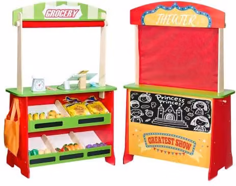 VEVOR Set da Gioco per Bambini in Legno Multicolore con Tende, Negozio di Alimentari e Giocattoli Reversibile, Lavagna e Registratore di Cassa, L/P/H: 102,8 x 69,5 x 33,5 cm