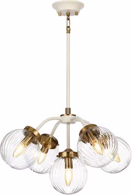 Lampadario Contemporaneo Cosmos Acciaio Crema Vetro Ottone 5 Luci E14