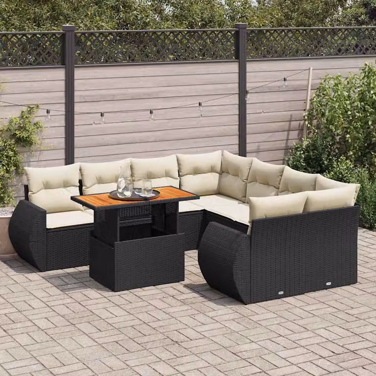 Set Divani da Giardino vidaXL 9 pz in Polyrattan Nero con Cuscini e Tavolino da Esterno a Forma di L