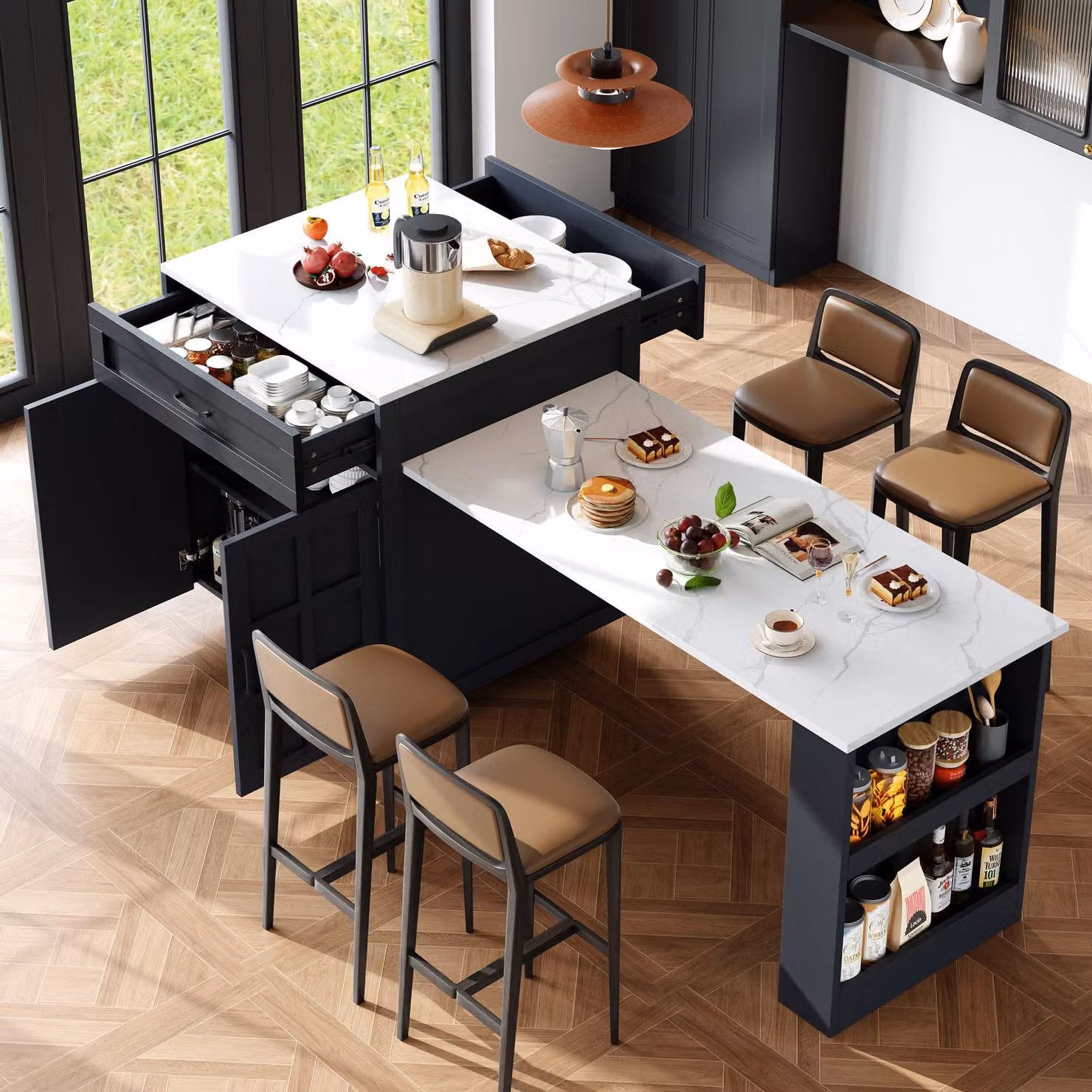 Abrihome Tavolo da pranzo allungabile tavolo bar, tavolo da cucina ad isola allungabile con 2 cassetti e 4 scomparti, tavolo da cucina marmorizzato, nero